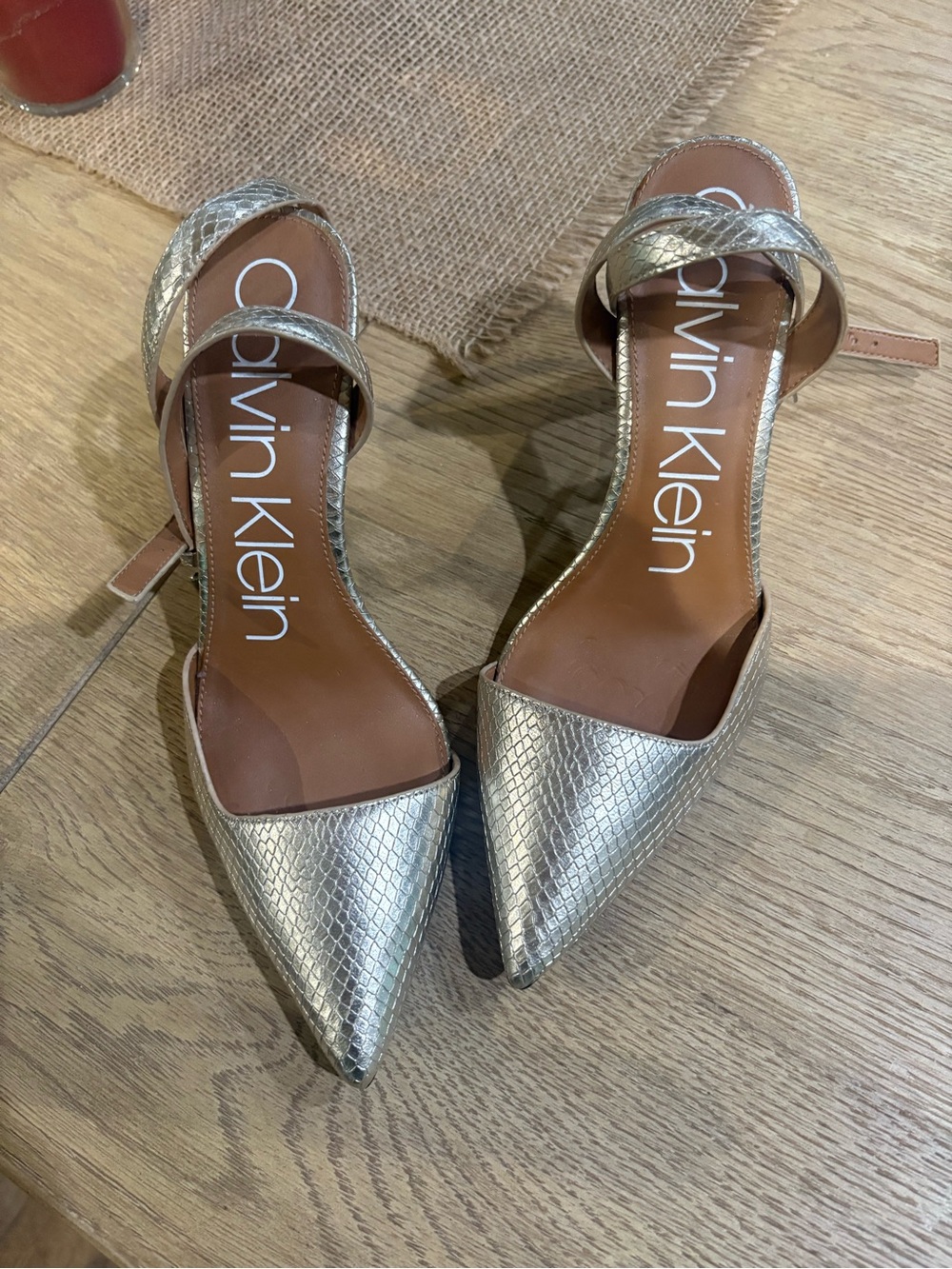 Calvin Klein Metallic Gold Pointed D'Orsay Ankle-Strap Heels